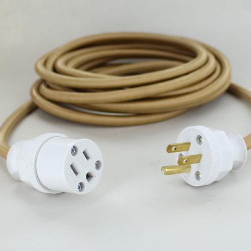 15ft Long Gold Cloth Covered Decorative Extension Cord with NEMA 15-5P Plug and Outlet.