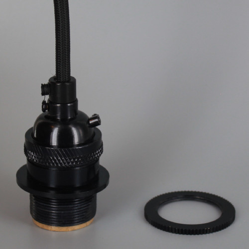 Black Finish Metal E-26 Base Keyless Lamp Socket Pre-Wired with 6Ft Long Black Nylon Overbraid