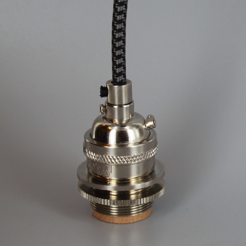 Polished Nickel Metal Base Keyless Lamp Socket Pre-Wired with 6Ft Long BLACK/GRAY Nylon Overbraid