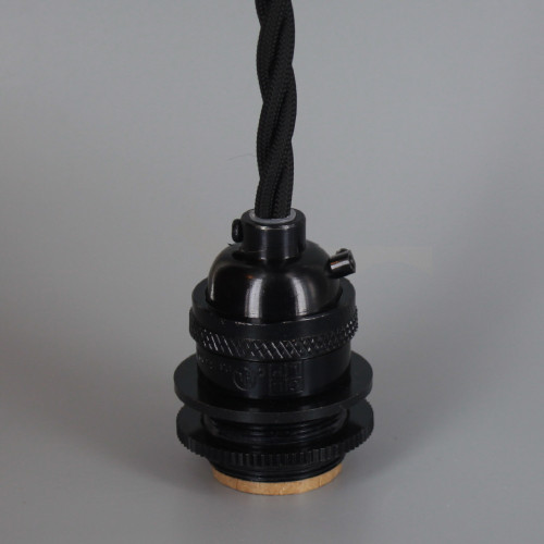 Black Finish Metal E-26 Base Keyless Lamp Socket Pre-Wired with 12Ft Twised  Black Nylon Overbraid