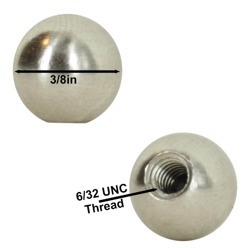 3/8in. Diameter Nickel Plated Solid Brass Ball with 6/32 Female Tapped Blind Hole.