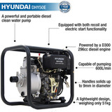 Hyundai 50mm 2''Diesel Water Pump, 25m Total Head, 8m Lift, 600L/min Flow Rate, 6hp, 221cc| DHY50E
