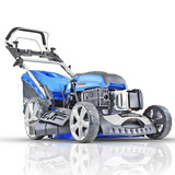 Push button start self clearance propelled lawn mower