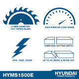 Key Features of the Hyundai HYMS1500E Mitre / Chop Saw. Key Features of the Hyundai HYMS1500E Mitre / Chop Saw.
