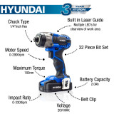 Hyundai 20V MAX 180Nm Cordless Impact Driver and 32-Piece Drill Bit Accessory Set, 2Ah Li-Ion Battery | HY2177