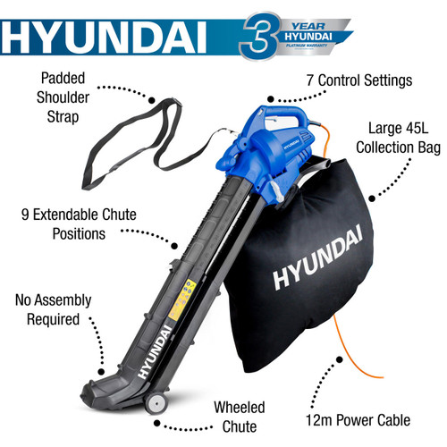 Hyundai 3000w Leaf Blower, Vacuum, Shredder, 3Speed Variable Power, 45L Bag, 12m Cable, 3in1