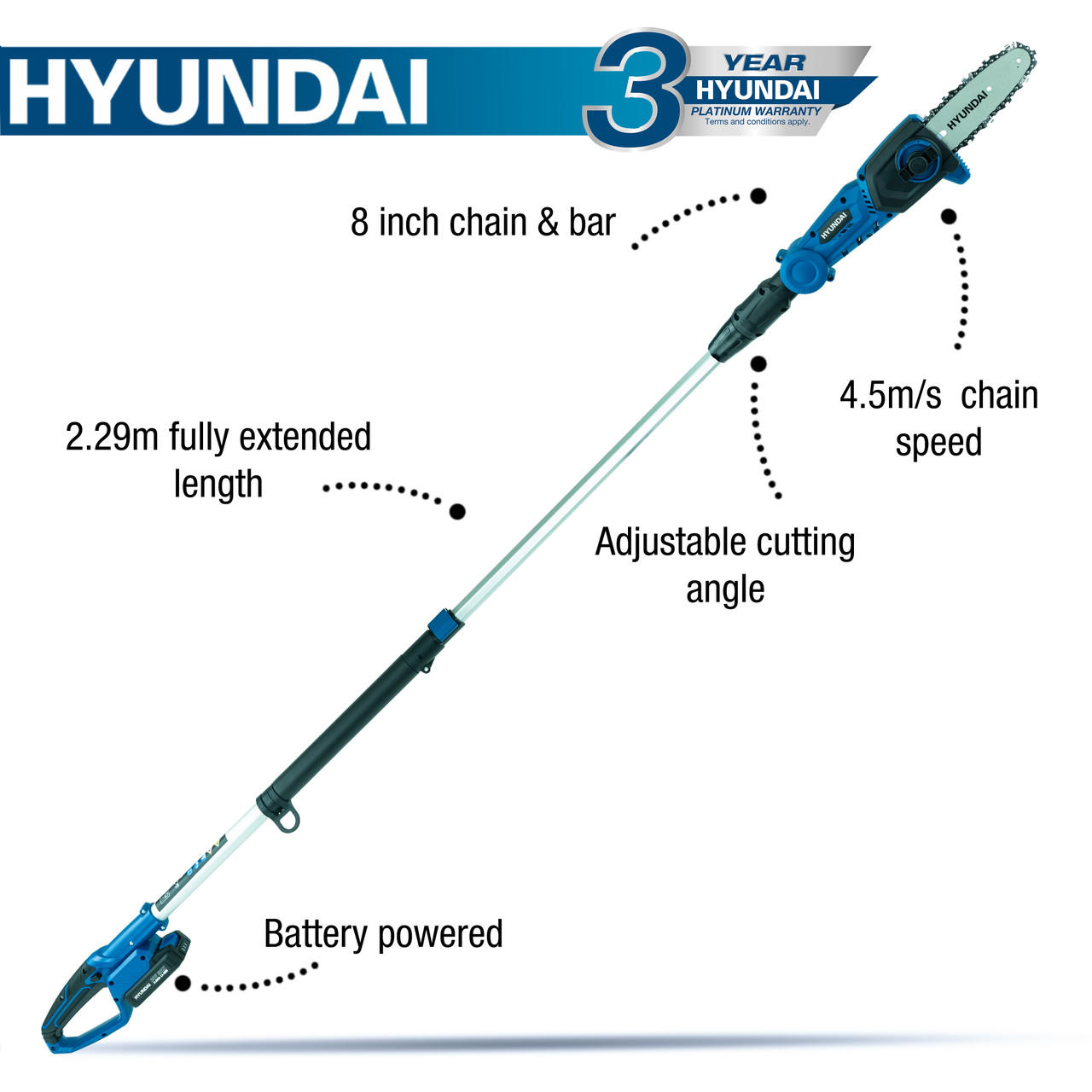 Hyundai Cordless Pole Saw, Pruner, 2.3m Long Reach, 20V 2Ah Li-Ion