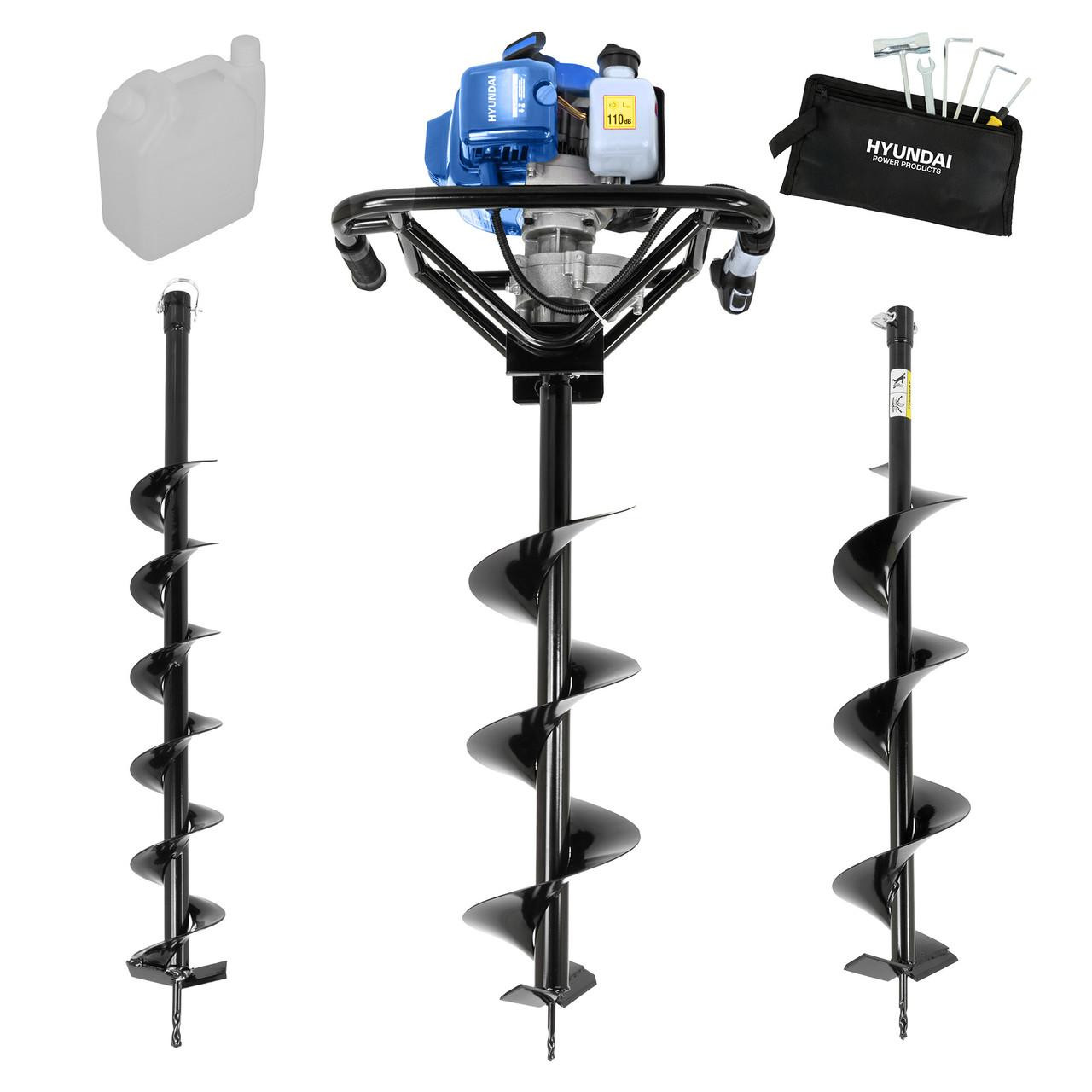 Image of Hyundai 56cc Petrol Earth Auger, 3 Drill Bits (100mm, 150mm, 200mm)