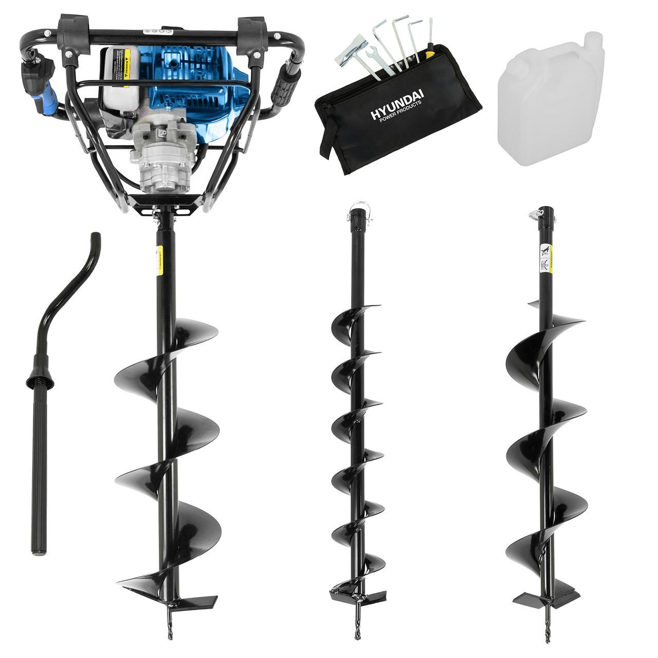 Image of Hyundai 56cc Petrol Earth Auger with Brake, 3 Drill Bits (100mm, 150mm, 200mm)