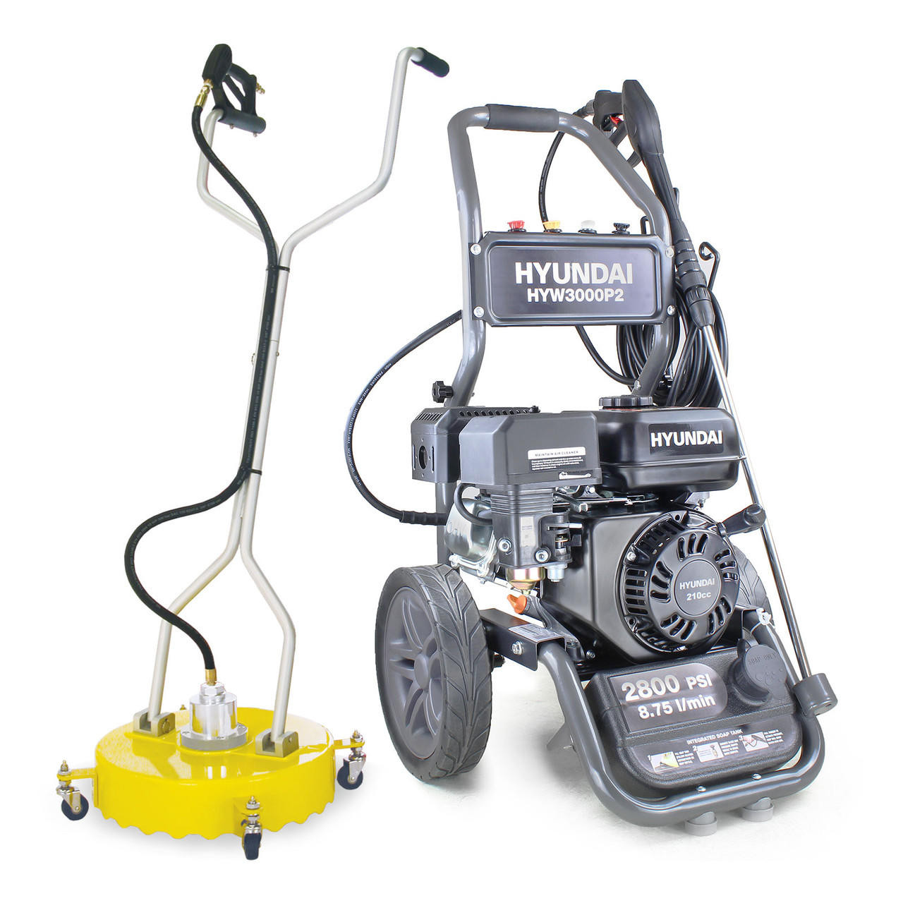 Hyundai 2800psi 213bar Petrol Pressure Washer 8.75L/min 7hp 212cc, Triple-piston Axial Pump & Whirlaway 18" Rotary Flat Surface Cleaner | HYW3000P2+85.403.005