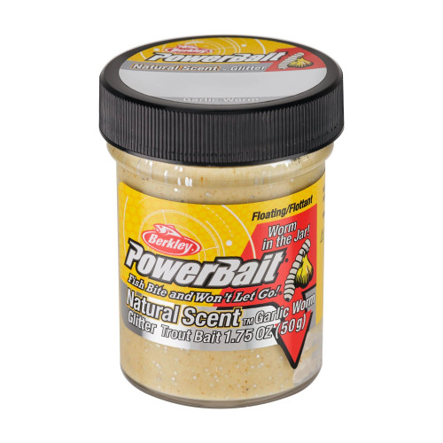 Berkley PowerBait Natural Scent Trout Bait w/ Glitter & Garlic Worm, 50 g