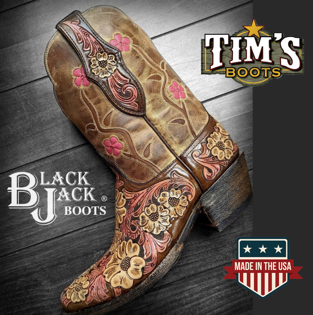 Black Jack Tooled Flower Garden with Gardenia Inlay - Tim's Boots