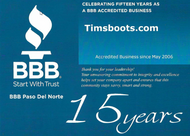 Tim's Boots Celebrates 15 Years as a BBB A+ Rated Company