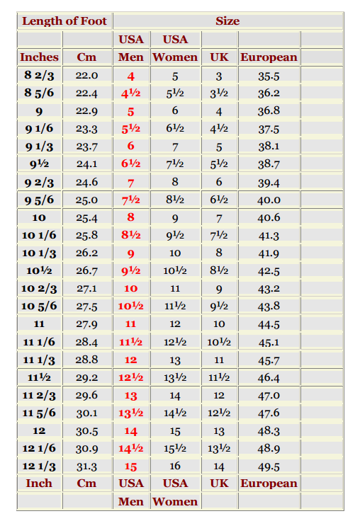 mens boot size chart