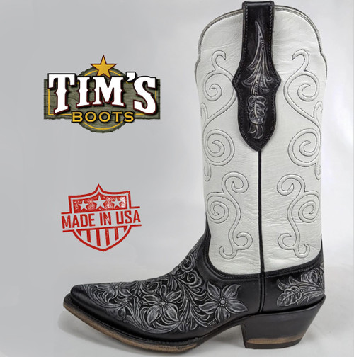 Tim's Boot Pattern Black Jack Hand-tooled star flowers with Boerne Cord Design - Tim's Boots