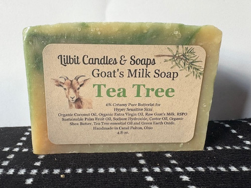 Our Tea Tree Goat's Milk Soap is amazing! Crafted with pharmaceutical-grade tea tree oil, this soap packs bacteria-fighting power. It’s perfect for healing cuts and wounds, with anti-fungal and antiseptic properties. Plus, it offers all the incredible benefits of goat's milk, including moisturizing effects, enzymes, glycerin, and vitamins. 
The soap is crafted with Organic Coconut Oil, Organic Extra Virgin Olive Oil, Raw Goat Milk, RSPO Sustainable Palm Fruit Oil, Sodium Hydroxide, Castor Oil, Organic Shea Butter, Sal Butter Tea Tree Essential Oil and Green Earth Oxide.
Ideal for on-the-go gifting, our artisanal soaps are perfect for birthdays, bridal and baby showers, teacher appreciation, housewarming parties, colleagues, hairdressers, or as tokens of gratitude during holidays, and more. With our diverse selection, you can easily find the perfect gift. Should you opt to send it as a gift, we are delighted to include a personalized note on your behalf. Our Tea Tree Goat's Milk Soap is amazing! Crafted with pharmaceutical-grade tea tree oil, this soap packs bacteria-fighting power. It’s perfect for healing cuts and wounds, with anti-fungal and antiseptic properties. Plus, it offers all the incredible benefits of goat's milk, including moisturizing effects, enzymes, glycerin, and vitamins. 
The soap is crafted with Organic Coconut Oil, Organic Extra Virgin Olive Oil, Raw Goat Milk, RSPO Sustainable Palm Fruit Oil, Sodium Hydroxide, Castor Oil, Organic Shea Butter, Sal Butter Tea Tree Essential Oil and Green Earth Oxide.
Ideal for on-the-go gifting, our artisanal soaps are perfect for birthdays, bridal and baby showers, teacher appreciation, housewarming parties, colleagues, hairdressers, or as tokens of gratitude during holidays, and more. With our diverse selection, you can easily find the perfect gift. Should you opt to send it as a gift, we are delighted to include a personalized note on your behalf.