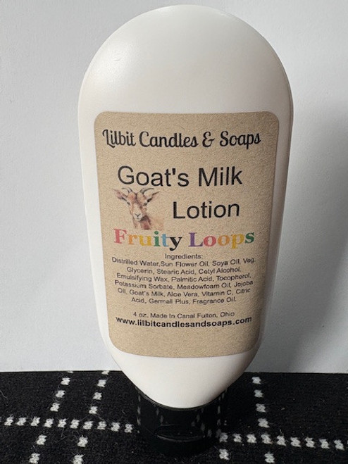 Our Fruity Loops Goat's Milk Lotion is inspired by the sweet, nostalgic aroma of fruit-flavored cereal. This playful and vibrant fragrance begins with bright citrus top notes of lemon, lime, grapefruit, and zesty lemongrass, complemented by soft lily and verbena. A warm vanilla sugar base ties it all together, creating a deliciously sweet, bakery-like scent.
This lotion is carefully crafted with distilled water, sunflower oil, soy oil, vegetable glycerin, stearic acid, cetyl alcohol, emulsifying wax, palmitic acid, tocopherol (vitamin E), potassium sorbate, meadowfoam oil, jojoba oil, goat's milk, aloe vera, vitamin C, citric acid, Germell Plus, and fragrance oil.
Ideal for any gifting occasion, our artisanal lotions are perfect for birthdays, bridal and baby showers, teacher appreciation, housewarmings, colleagues, hairdressers, thank-you gestures, holidays, and more. They are available in a variety of options to suit different preferences. If the lotion is intended as a gift, inform us, and we will include a personalized message according to your specifications. Our Fruity Loops Goat's Milk Lotion is inspired by the sweet, nostalgic aroma of fruit-flavored cereal. This playful and vibrant fragrance begins with bright citrus top notes of lemon, lime, grapefruit, and zesty lemongrass, complemented by soft lily and verbena. A warm vanilla sugar base ties it all together, creating a deliciously sweet, bakery-like scent.
This lotion is carefully crafted with distilled water, sunflower oil, soy oil, vegetable glycerin, stearic acid, cetyl alcohol, emulsifying wax, palmitic acid, tocopherol (vitamin E), potassium sorbate, meadowfoam oil, jojoba oil, goat's milk, aloe vera, vitamin C, citric acid, Germell Plus, and fragrance oil.
Ideal for any gifting occasion, our artisanal lotions are perfect for birthdays, bridal and baby showers, teacher appreciation, housewarmings, colleagues, hairdressers, thank-you gestures, holidays, and more. They are available in a variety of options to suit different preferences. If the lotion is intended as a gift, inform us, and we will include a personalized message according to your specifications.
