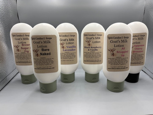 Our Goat’s Milk Lotion collection features delightful scents like All Snuggled Up, Brown Sugar & Fig, Black Raspberry & Vanilla, Vanilla Lavender, Japanese Cherry Blossom, Eucalyptus & Spearmint, and Love Spell. These lotions deeply moisturize, soothe irritation, and gently exfoliate, making them perfect for sensitive, dry, or damaged skin. Packed with vitamins A, D, and E, lactic acid, and healthy fats, they help repair the skin barrier, reduce acne and inflammation, and offer anti-aging benefits.

This lotion is carefully crafted with distilled water, sunflower oil, soy oil, vegetable glycerin, stearic acid, cetyl alcohol, emulsifying wax, palmitic acid, tocopherol (vitamin E), potassium sorbate, meadowfoam oil, jojoba oil, goat's milk, aloe vera, vitamin C, citric acid, Germell Plus, and fragrance oil.

Ideal for any gifting occasion, our artisanal lotions are perfect for birthdays, bridal and baby showers, teacher appreciation, housewarmings, colleagues, hairdressers, thank-you gestures, holidays, and more. They are available in a variety of options to suit different preferences. If the lotion is intended as a gift, inform us, and we will include a personalized message according to your specifications.