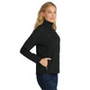 side view of a Personalized black nurse soft shell jacket with embroidered RN name and medical heartbeat design