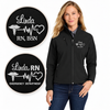 Personalized black nurse soft shell jacket with embroidered RN name and medical heartbeat design