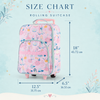 Pink princess rolling suitcase size chart showing 18 by 12.5 by 6.5 inches