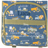 Close-up of construction suitcase front pocket above olive ribbon for name embroidery in navy
