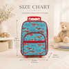 Race car rolling suitcase size chart showing 18 by 12.5 by 6.5 inches