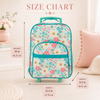 Pastel floral rolling suitcase size chart showing 18 by 12.5 by 6.5 inches