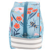 Side view of floral bee toiletry bag showing zipper and striped carry handle