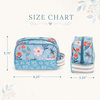 Floral bee toiletry bag size chart showing 8.25 by 5.75 by 3.25 inches