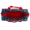 Embroidered name on navy vehicle duffle bag with red straps