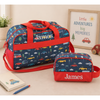 Personalized vehicle duffle and toiletry bag set with embroidered name