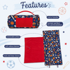 Rolled navy sports nap mat with red carry handle and personalization pocket