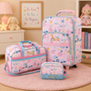 Give your little princess a matching travel set that makes packing almost as exciting as the trip itself. This personalized princess luggage set includes a rolling suitcase, duffle bag and toiletry bag, each embroidered with her name.

The soft pink pattern is decorated with princesses, castles, crowns and flowers, while aqua and blue accents add a fresh boutique finish. From family vacations to weekends with the grandparents, this coordinated set gives her a special place for everything she wants to bring along.

Designed for Magical Adventures
Three matching travel pieces personalized with her name
Sweet princess, castle and crown pattern
Soft pink, aqua, blue and gold color palette
Rolling suitcase designed for young travelers
Coordinating duffle for clothing and overnight necessities
Toiletry case keeps smaller essentials organized
Durable polyester construction
Makes her belongings easier to recognize while traveling
Personalization Details

The same name will be embroidered on the rolling suitcase, duffle bag and toiletry bag.

When ordering:

Enter the name exactly as you want it embroidered.
Choose an embroidery font.
Select a coordinating thread color.
Confirm the spelling and capitalization before submitting the order.

The suitcase is personalized on its front pocket, the duffle is embroidered on the front panel, and the toiletry bag is personalized across the solid lower section.

The name “Ava” is displayed as an example only.

The Complete Three-Piece Set
Personalized Rolling Suitcase

The child-sized rolling suitcase offers organized storage for clothing, pajamas, shoes and favorite travel companions.

Two separate packing compartments
Large exterior pocket
Extendable handle with two locking heights
Durable rolling wheels
Approx. 12.5" L × 6.5" W × 18" H
100% polyester
Spot clean
Personalized Duffle Bag

The matching duffle provides extra room for weekend clothing, blankets, toys and other travel necessities.

Interior zipper pocket
Exterior side pocket with hook-and-loop closure
Removable, adjustable shoulder strap
Approx. 16" × 9" × 8"
100% 600D polyester
Wipe clean with a damp cloth
Personalized Toiletry Bag

The coordinating toiletry case keeps toothbrushes, hair accessories, bath products and bedtime supplies in one easy-to-find place.

Wide carrying strap that can attach to luggage
Wipeable polyester interior lining
Approx. 8.25" × 5.75" × 3.25"
100% 600D polyester
Machine wash and hang to dry
A Special Gift for Her

This personalized princess travel set is a charming choice for:

Family vacations
Princess-themed birthdays
Weekend trips
Sleepovers
Visits to grandparents
Christmas gifts
First airplane trips
Children who love princesses, castles and fairytales
Care and Shipping

Follow the individual cleaning instructions provided for each piece. Every set is embroidered to order, so please check the current production time before purchasing.

Shipping is available within the United States only. Decorative accessories and room props shown in the photographs are not included.