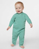 Saltwater green baby fleece romper with snap closure and ribbed cuffs