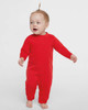 Baby wearing red fleece romper with long sleeves and full-length legs