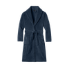 Navy plush fleece robe with shawl collar, self-tie belt, and patch pockets