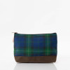 Blue and green plaid waxed canvas travel clutch with brown contrasting base