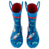 Front view of little boys rain boots by Stephen Joseph, boots have a Space theme