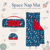 Space nap mat features infographic with carry handle, personalization pocket, removable pillow and attached blanket