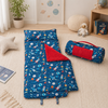Personalized space nap mat displayed open and rolled in a soft boutique-style children’s room