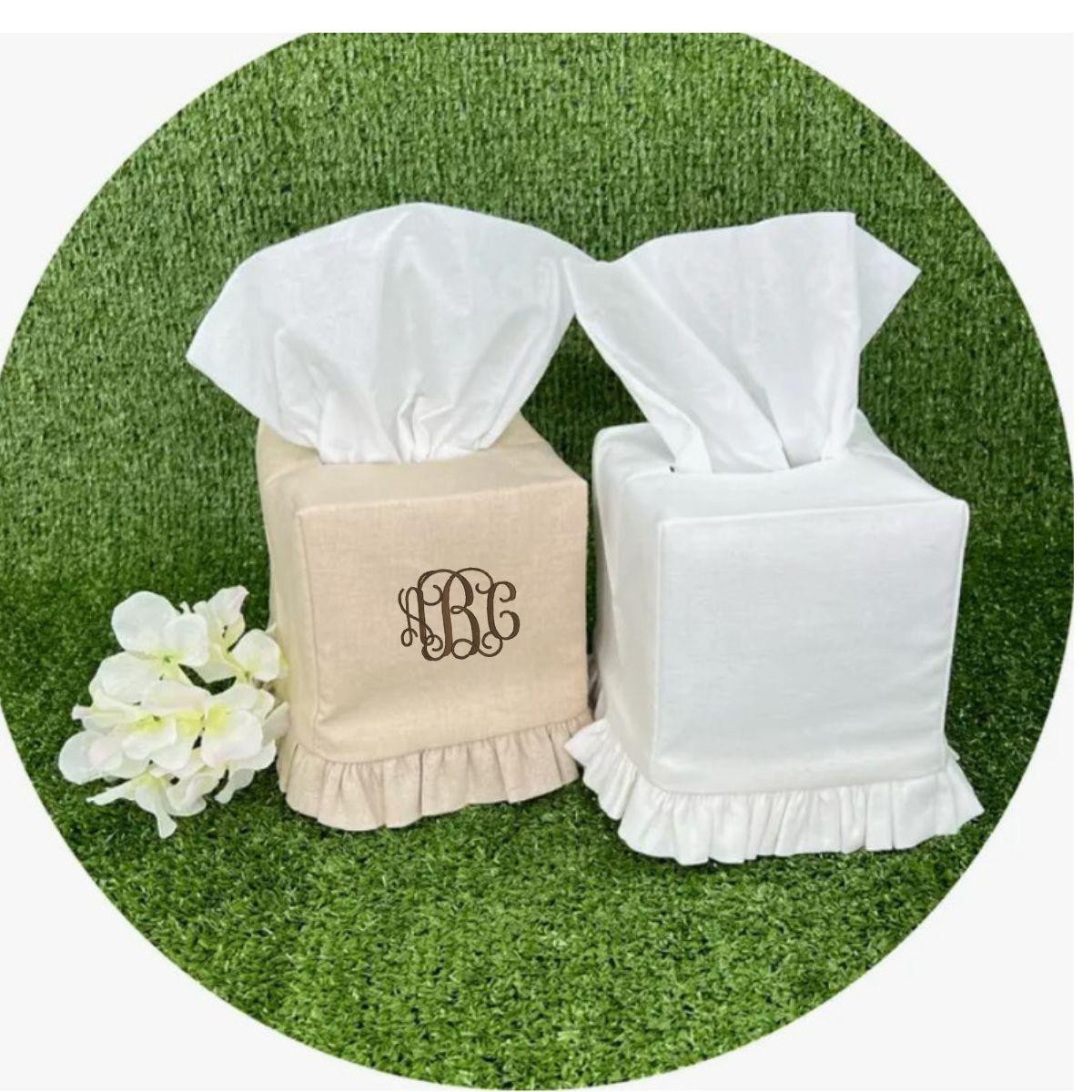Monogrammed Linen Tissue Box Cover