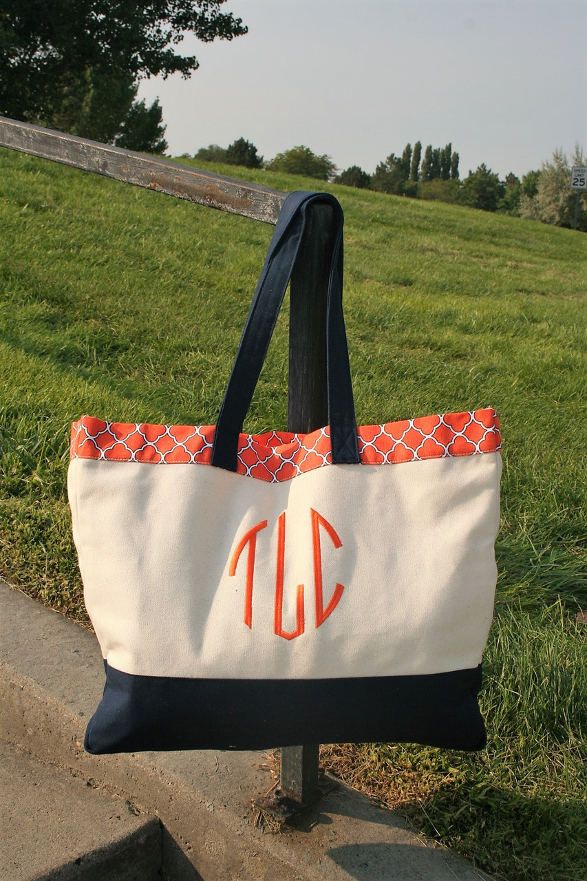 Custom Text Personalized Monogram 100% Cotton Color Handle Boat Tote Canvas  Bag Navy 2 Letters