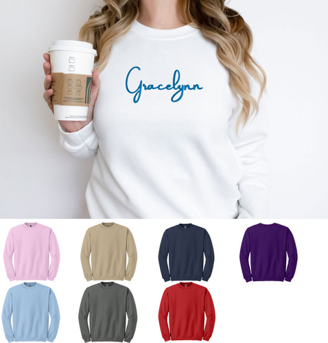 Personalized Sweatshirt in lots of colors and unisex sizing. Embroidered with a name.