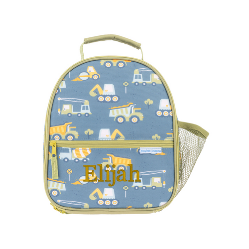 Close-up of embroidery on a construction lunch box featuring a child’s name Close-up of embroidery on a construction lunch box featuring a child’s name