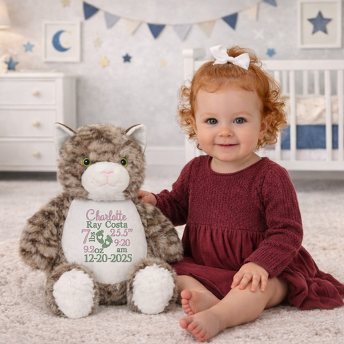 Cat stuffed animal with Birth Stats - Grey Cat with embrodered birth info