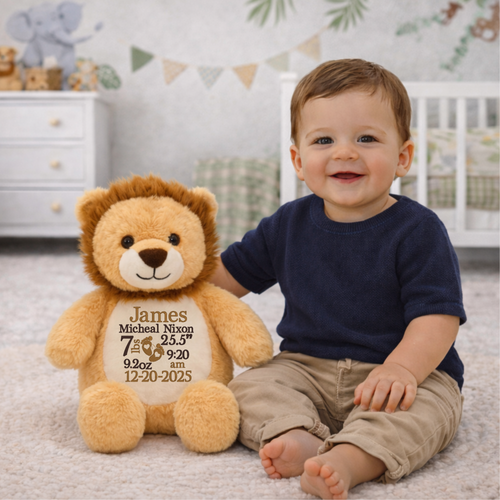 Personalized lion plush with baby birth stats embroidered on belly, baby gift photo
Stuffed Lion