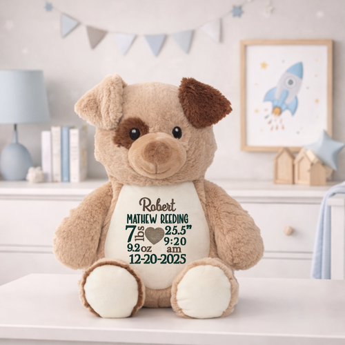 Personalized birth stat stuffed dog plush (12–13”). Add baby’s name, date, time, weight & height/length. Choose 2 thread colors. Easy-clean zipper, Photo of baby with personalized stuffed dog birth stats plush gift, 12–13 inch keepsake