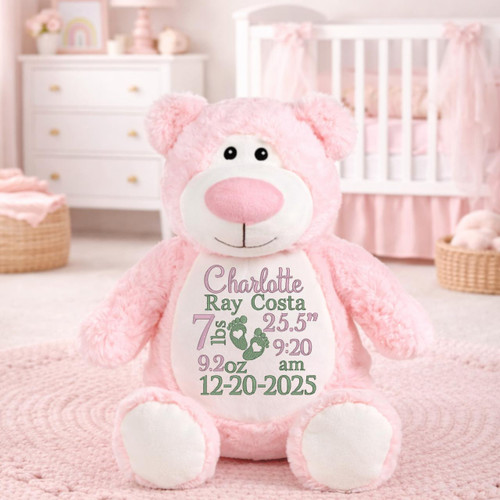 Cubbie Pink Birth Stat Stuffed Bear – Personalized Baby Keepsake 
