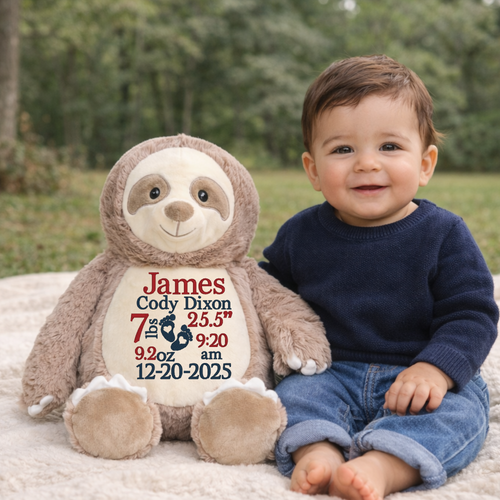Embroidered baby birth information on sloth stuffed animal belly design